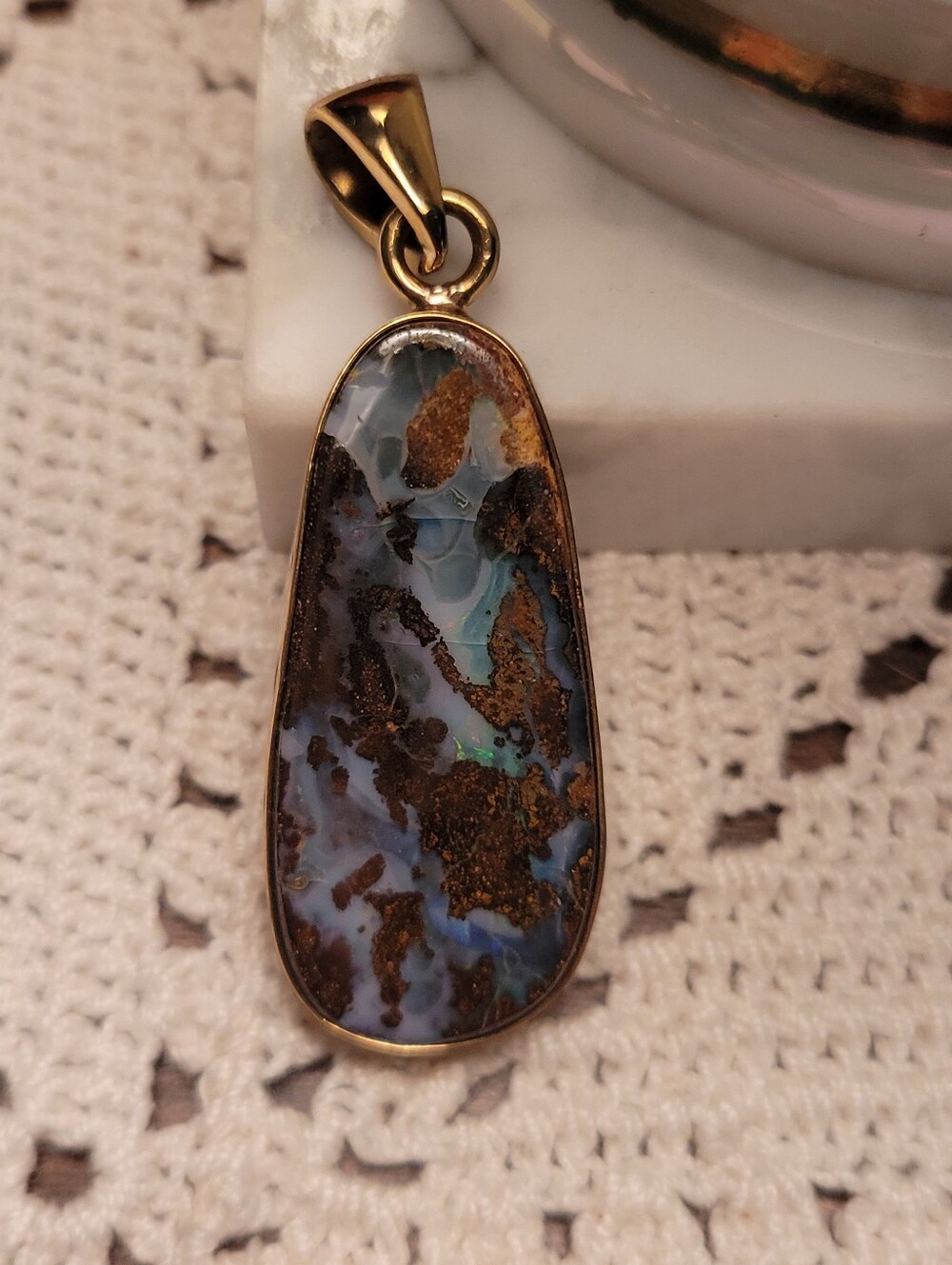 Boulder Opal Pendant Necklace In Gold Vermeil - Blue Brown Gold Tones
